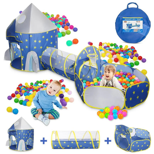 Bring the fun indoors or outdoors with our 3-in-1 kids' play tent! This versatile toy includes a play tunnel, baby ball pit, and castle tent, all in one convenient package. Plus, it comes with a handy storage bag for easy cleanup.